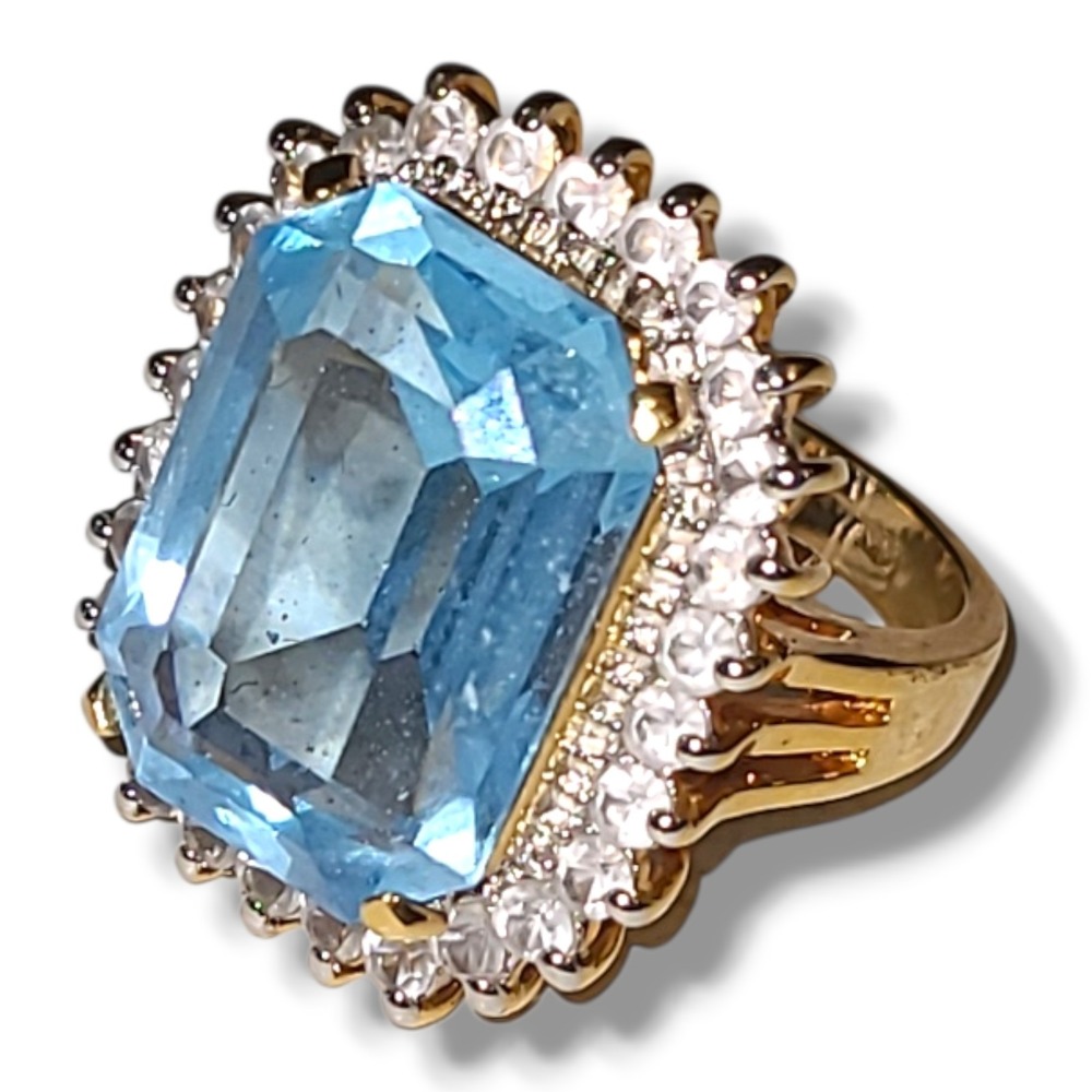 Vintage Light Blue CZ Halo Cocktail Ring 14K Gold Plated Statement Ring Sz 8